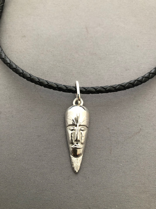 Solid silver African mask & leather chain